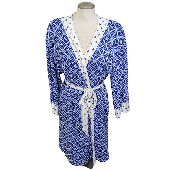 Flora Nikrooz Womens L Robe Housecoat Geometric Print Blue White Belted Jersey - Picture 2 of 9